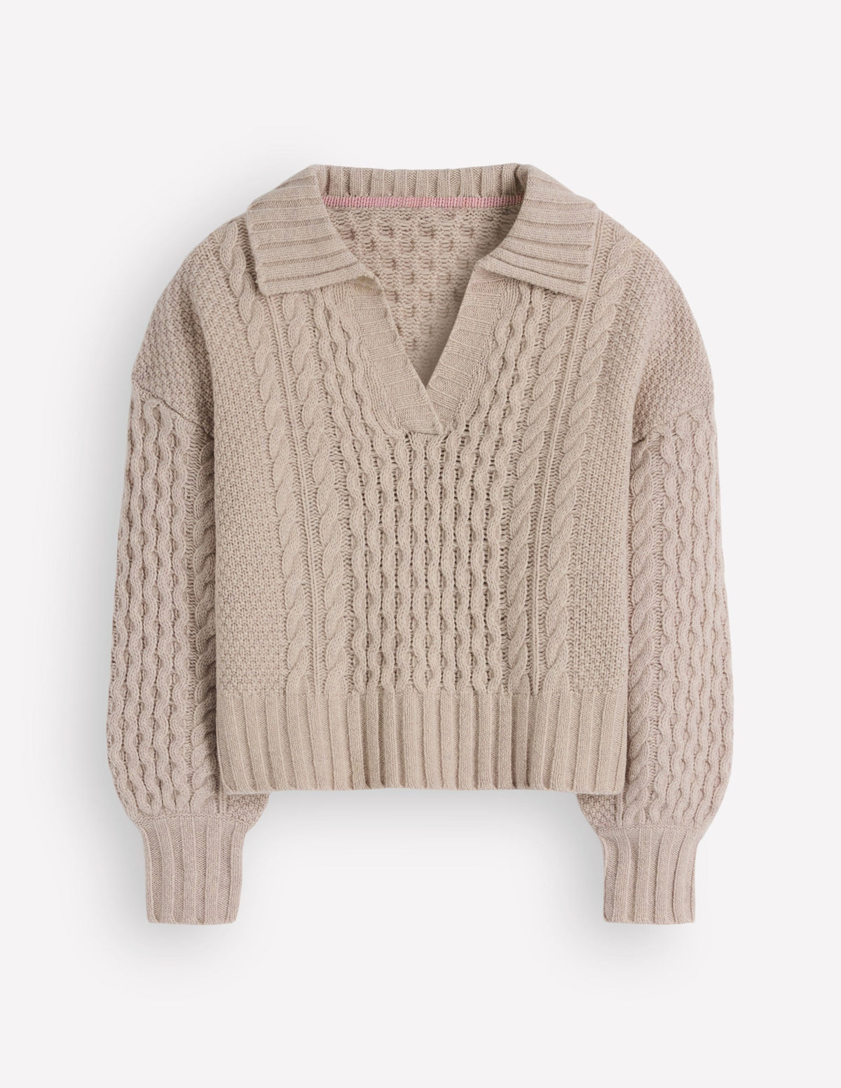 Collared Cable Knit Jumper-Oatmeal-7