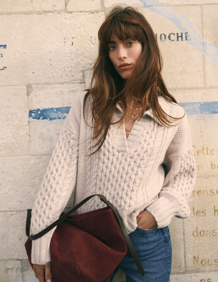 Collared Cable Knit Jumper-Oatmeal