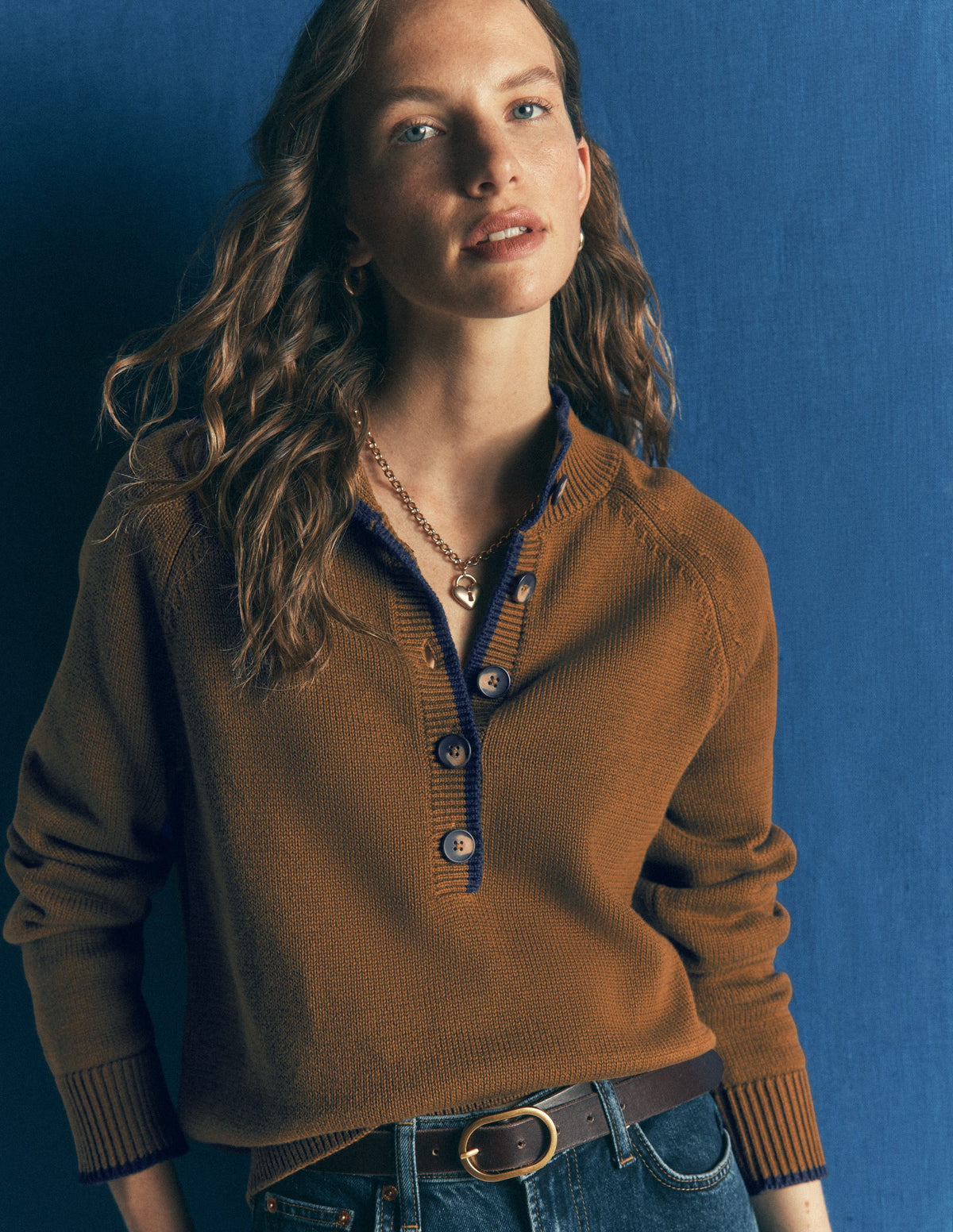 Lara Cotton Button Neck Jumper-Gingerbread - Image 1