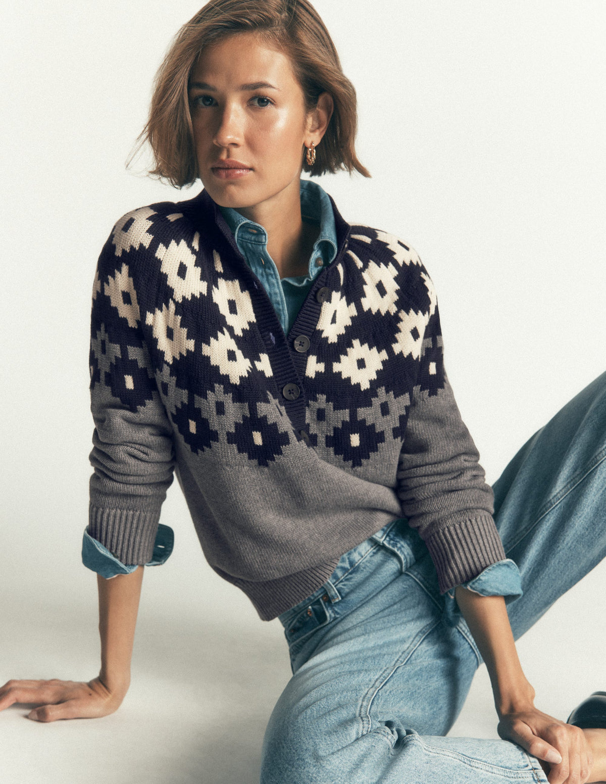 Lara Cotton Button Neck Jumper-Grey Marl, Fair Isle-1