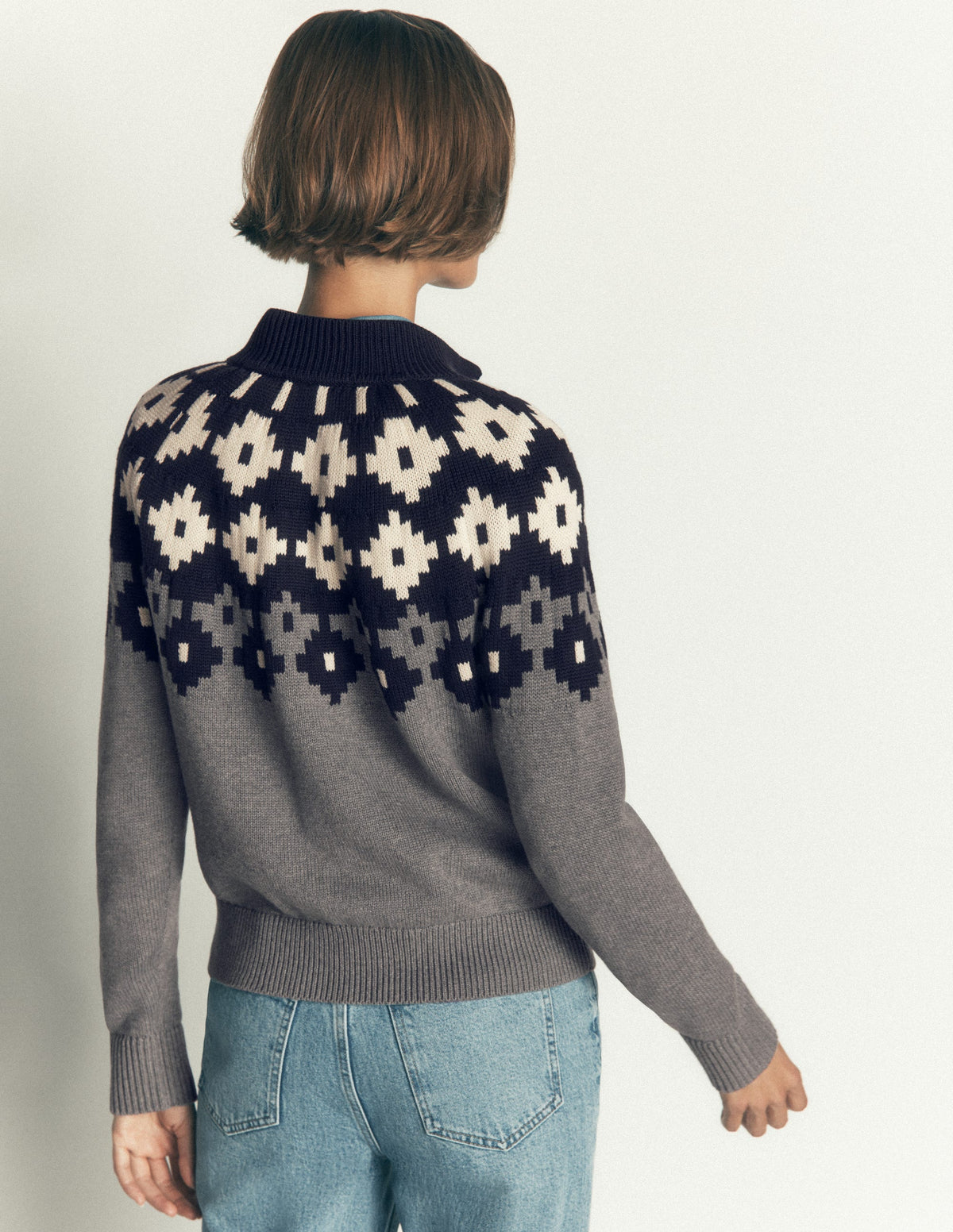 Lara Cotton Button Neck Jumper-Grey Marl, Fair Isle - Image 3
