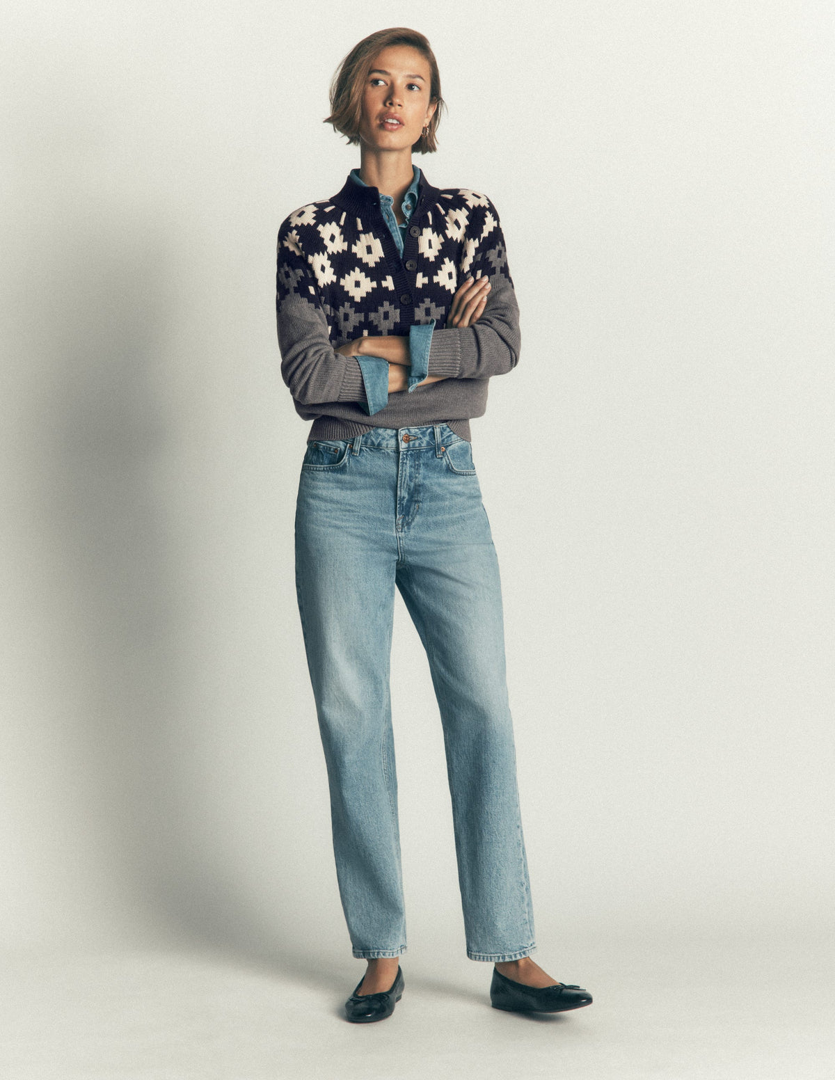 Lara Cotton Button Neck Jumper-Grey Marl, Fair Isle - Image 4