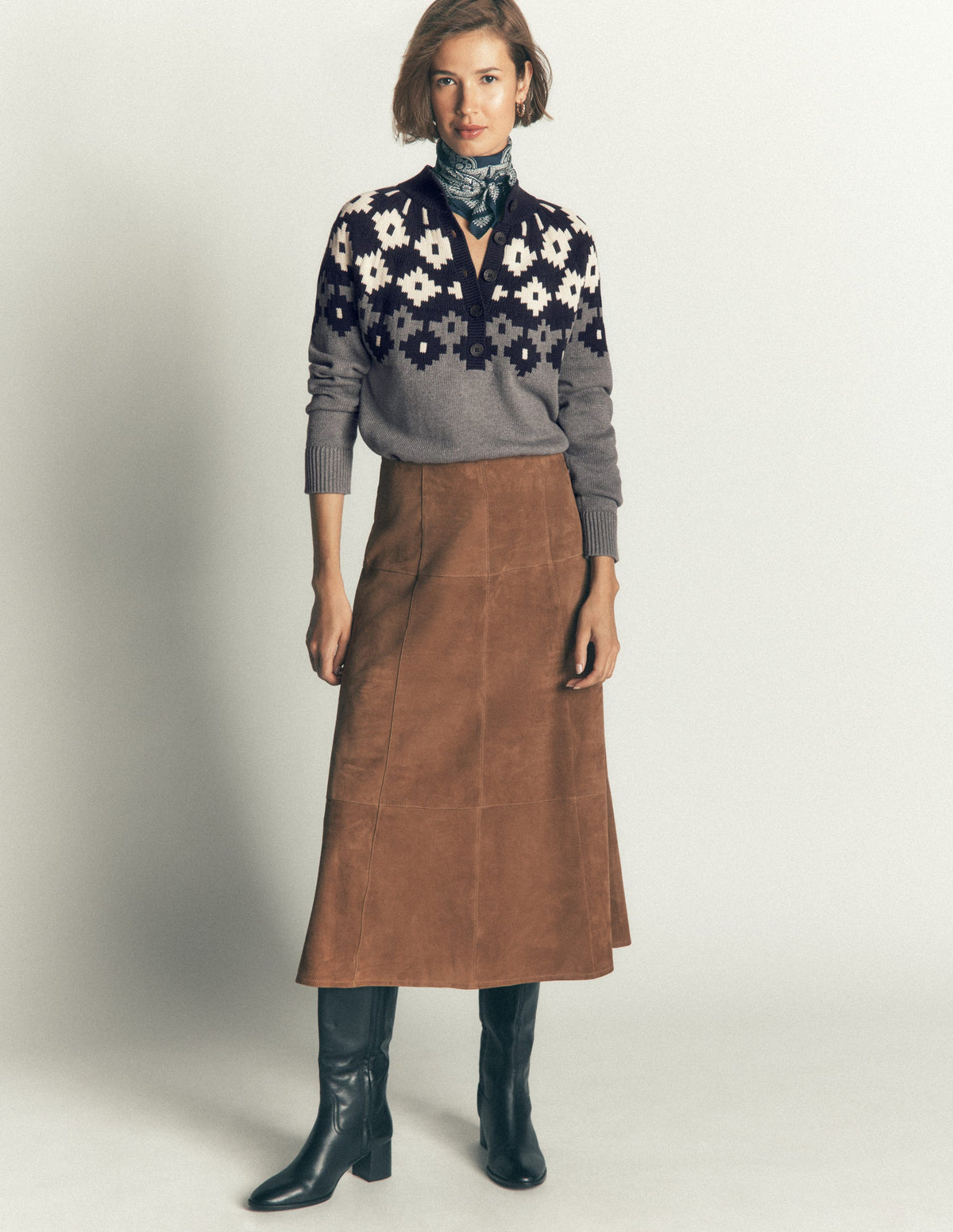 Lara Cotton Button Neck Jumper-Grey Marl, Fair Isle - Image 7