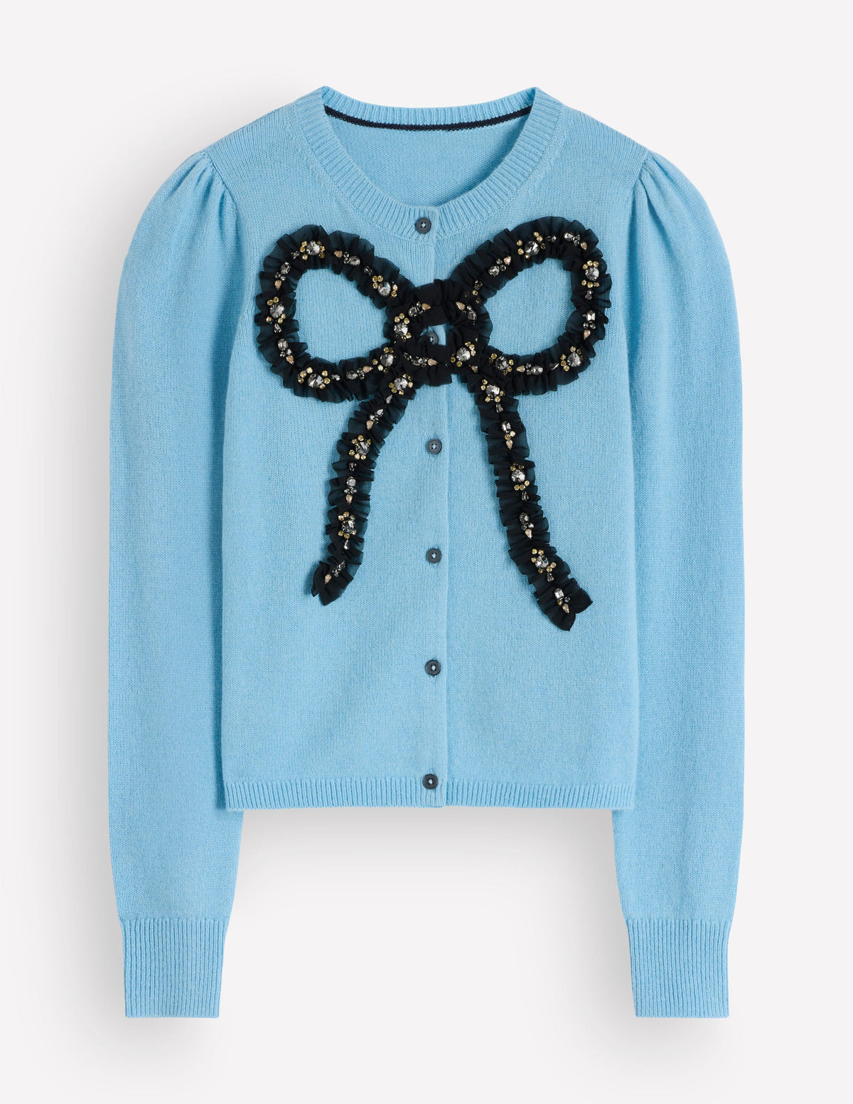 Ria Embellished Knit Cardigan-Blue, Bow-7
