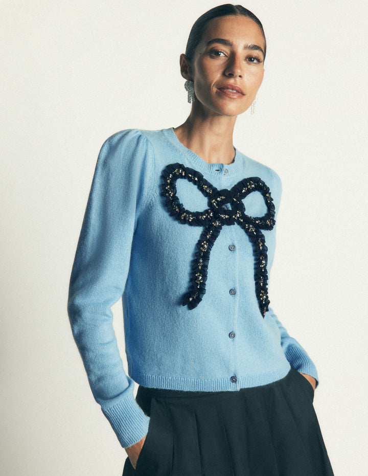 Ria Embellished Knit Cardigan-Blue, Bow