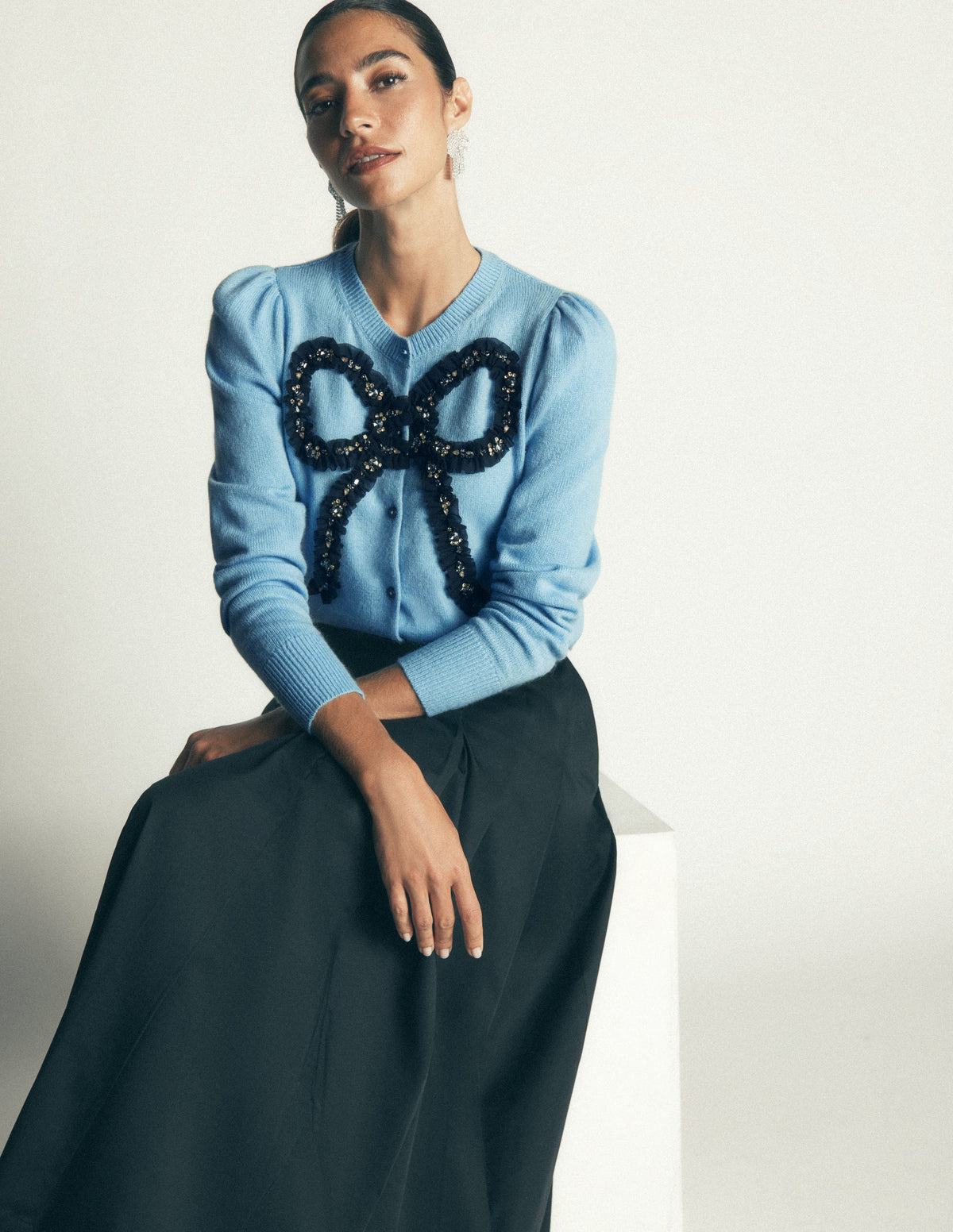 Ria Embellished Knit Cardigan-Blue, Bow - Image 5