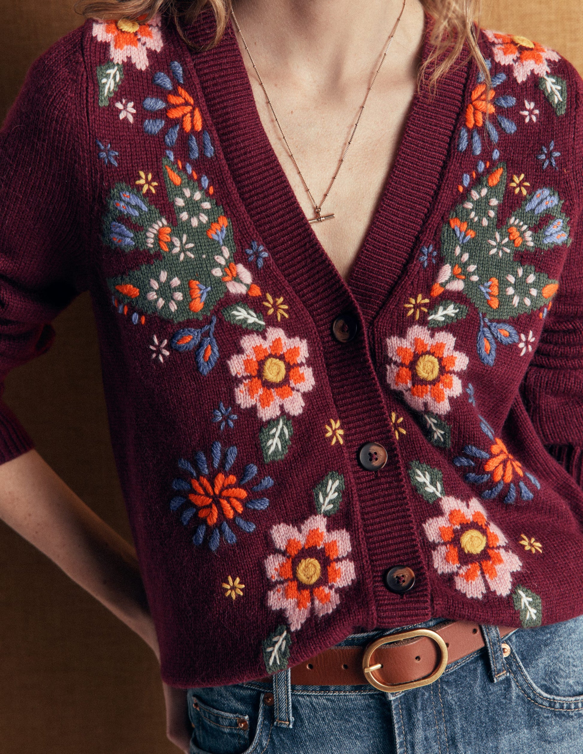 Ella Embroidered Knit Cardigan-Dark Cherry, Embroidery-3