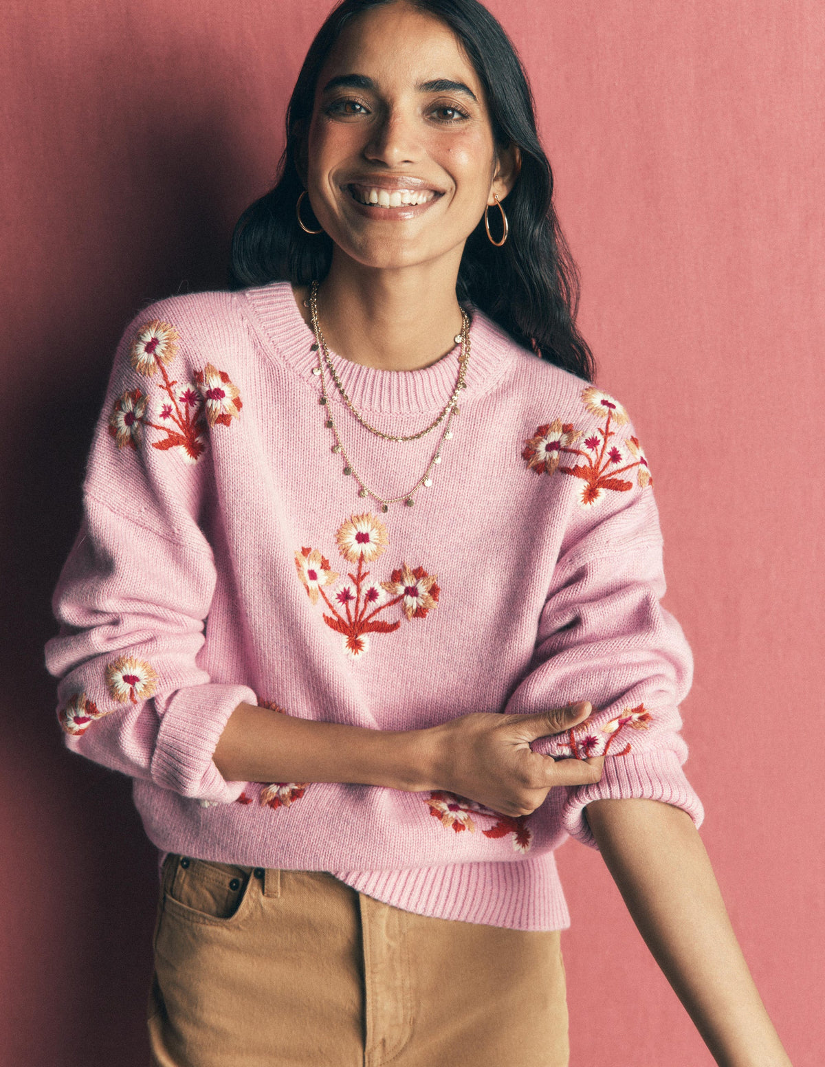 Ella Embroidered Knit Jumper-Spring Blossom Pink, Floral - Image 1