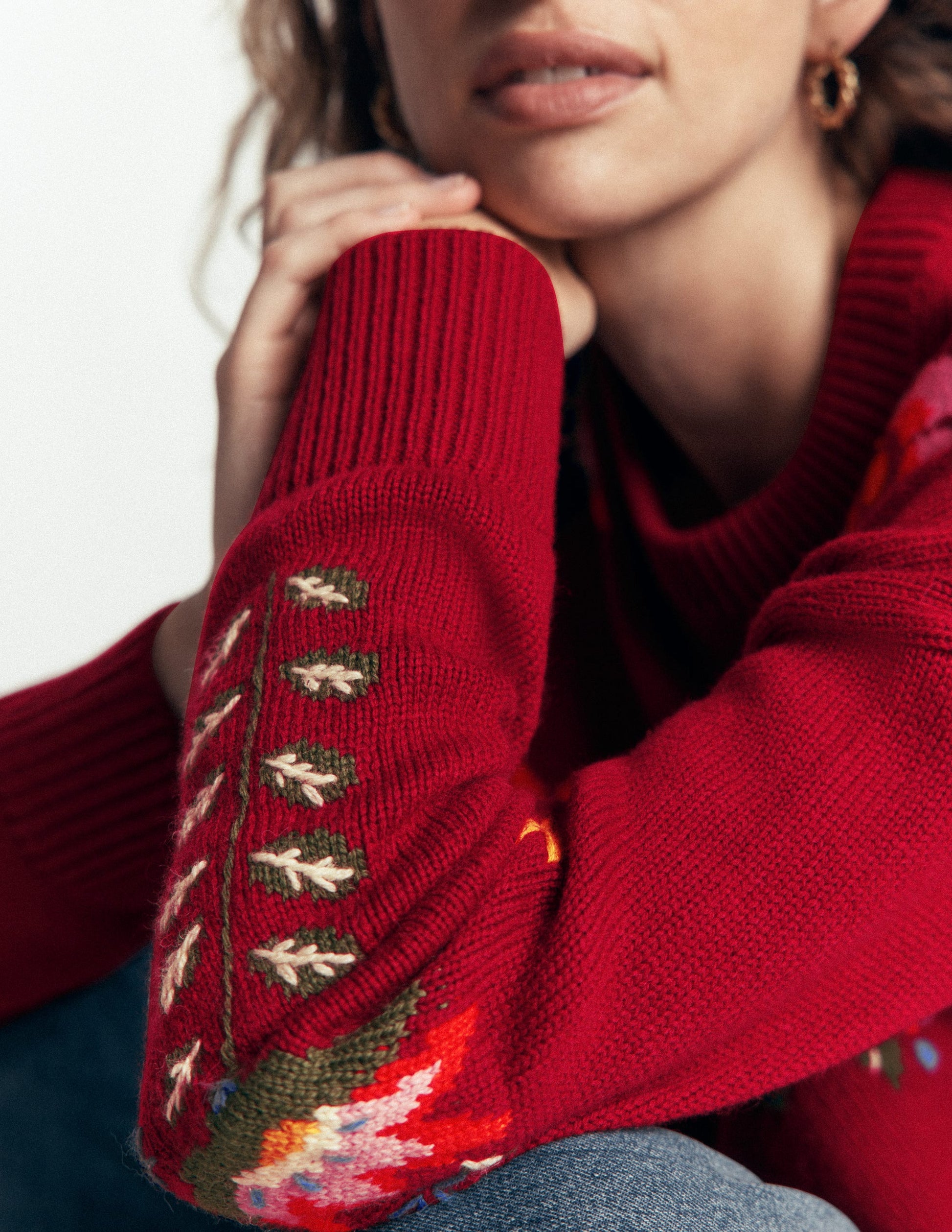 Ella Embroidered Knit Jumper-Crimson Red Embroidery-2