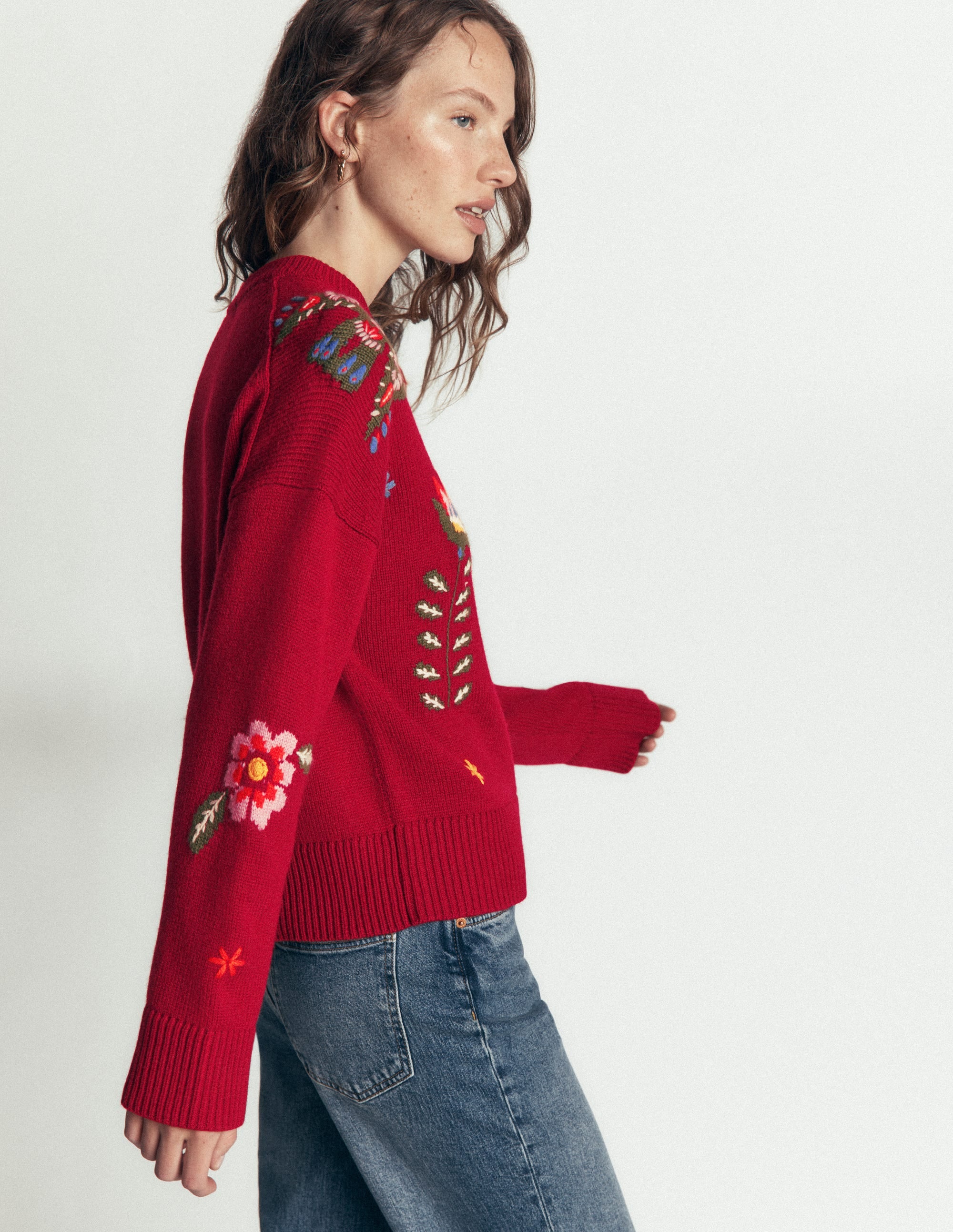Ella Embroidered Knit Jumper-Crimson Red Embroidery - Image 3