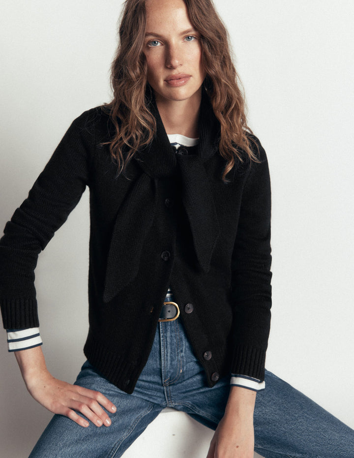 Lydia Tie Neck Knit Cardigan-Black