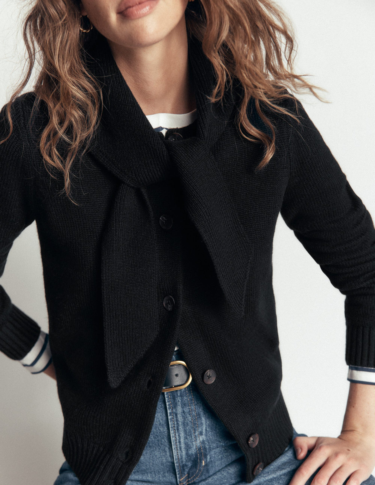 Lydia Tie Neck Knit Cardigan-Black-2