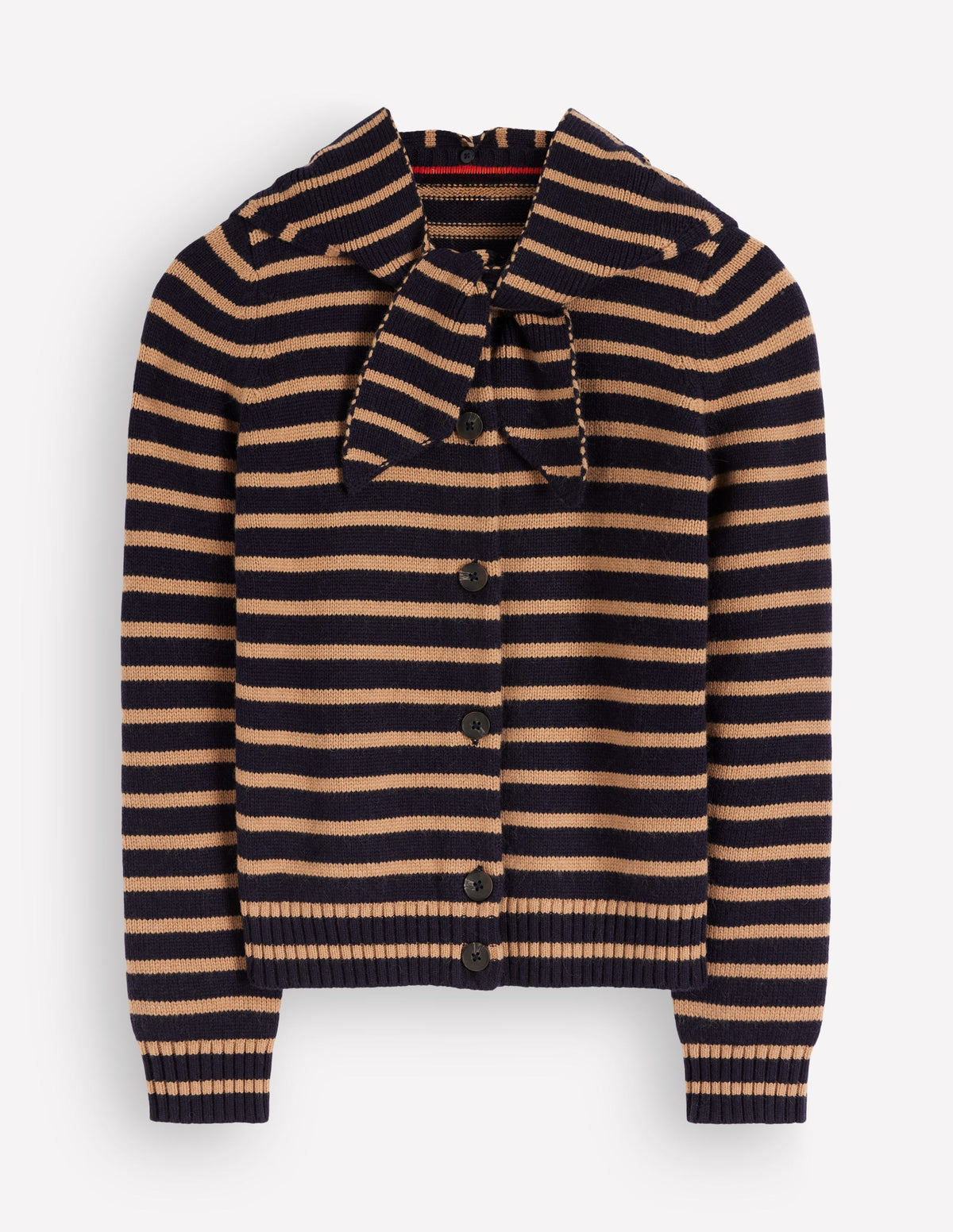 Lydia Tie Neck Knit Cardigan-Camel Melange, Navy Stripe-5