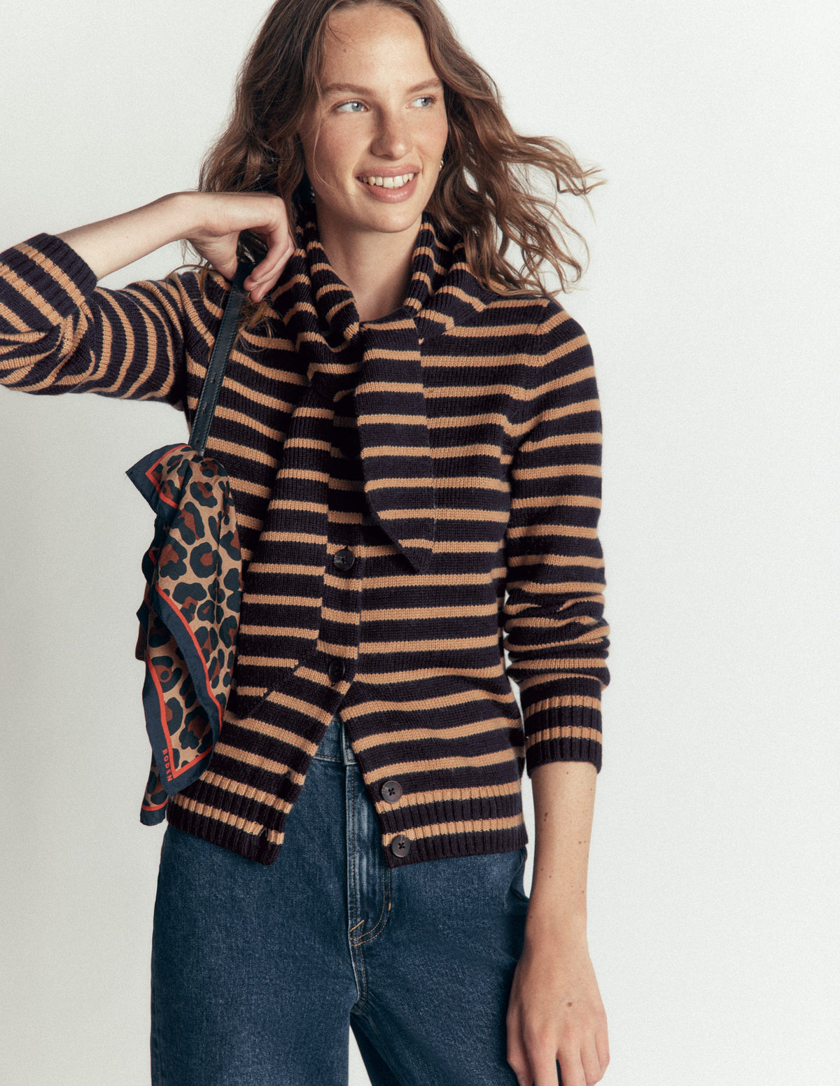 Lydia Tie Neck Knit Cardigan-Camel Melange, Navy Stripe-1