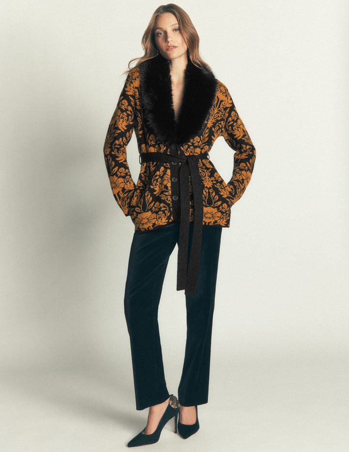 Belted Wrap Knitted Cardigan-Metallic Black Gold Jacquard