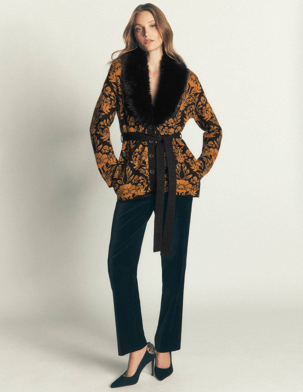 Belted Wrap Knitted Cardigan-Metallic Black Gold Jacquard - Image 2
