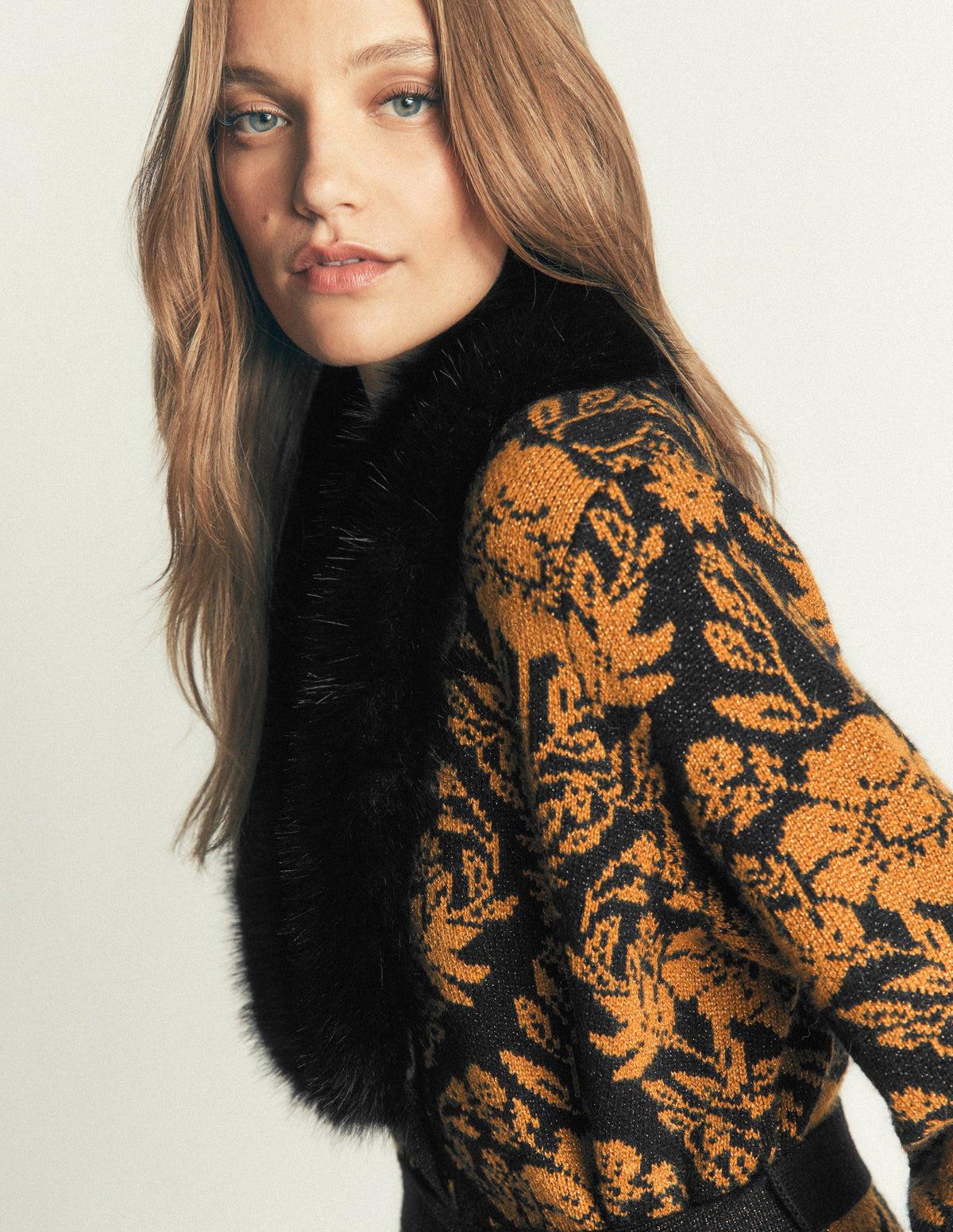Belted Wrap Knitted Cardigan-Metallic Black Gold Jacquard - Image 5