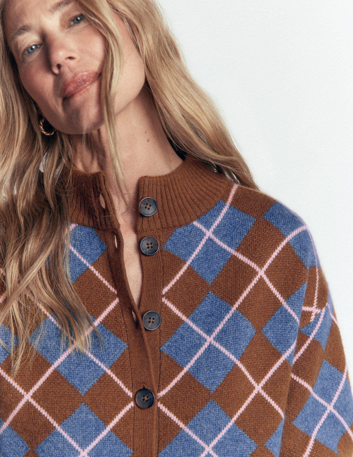 Jemma Jacquard Knit Cardigan-Raw Umber, Argyle - Image 3
