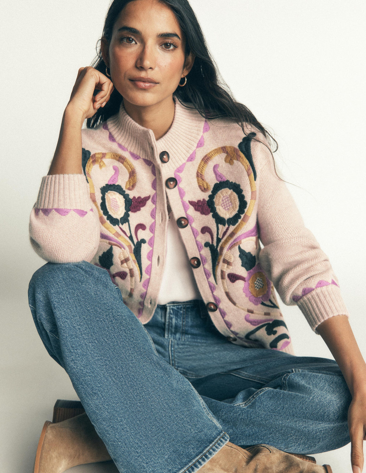 Jemma Jacquard Knit Cardigan-Oatmeal Melange, Embroidery-3