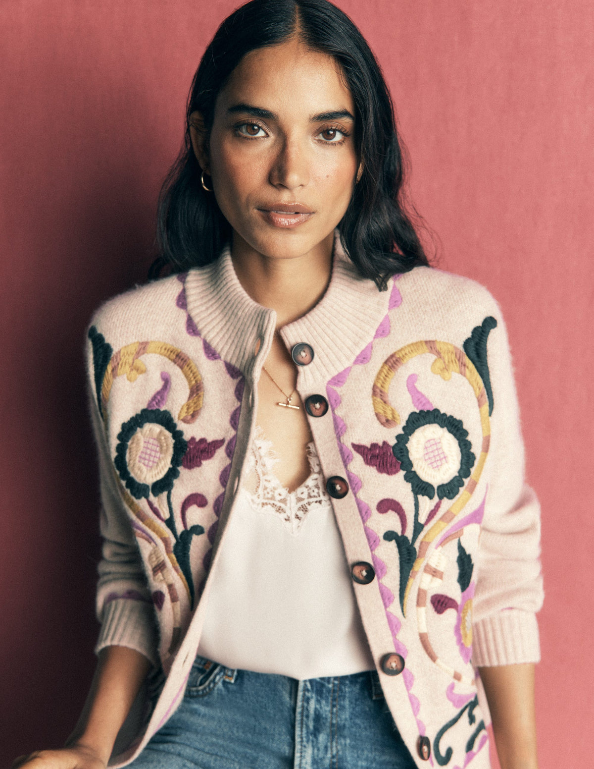 Jemma Jacquard Knit Cardigan-Oatmeal Melange, Embroidery - Image 4
