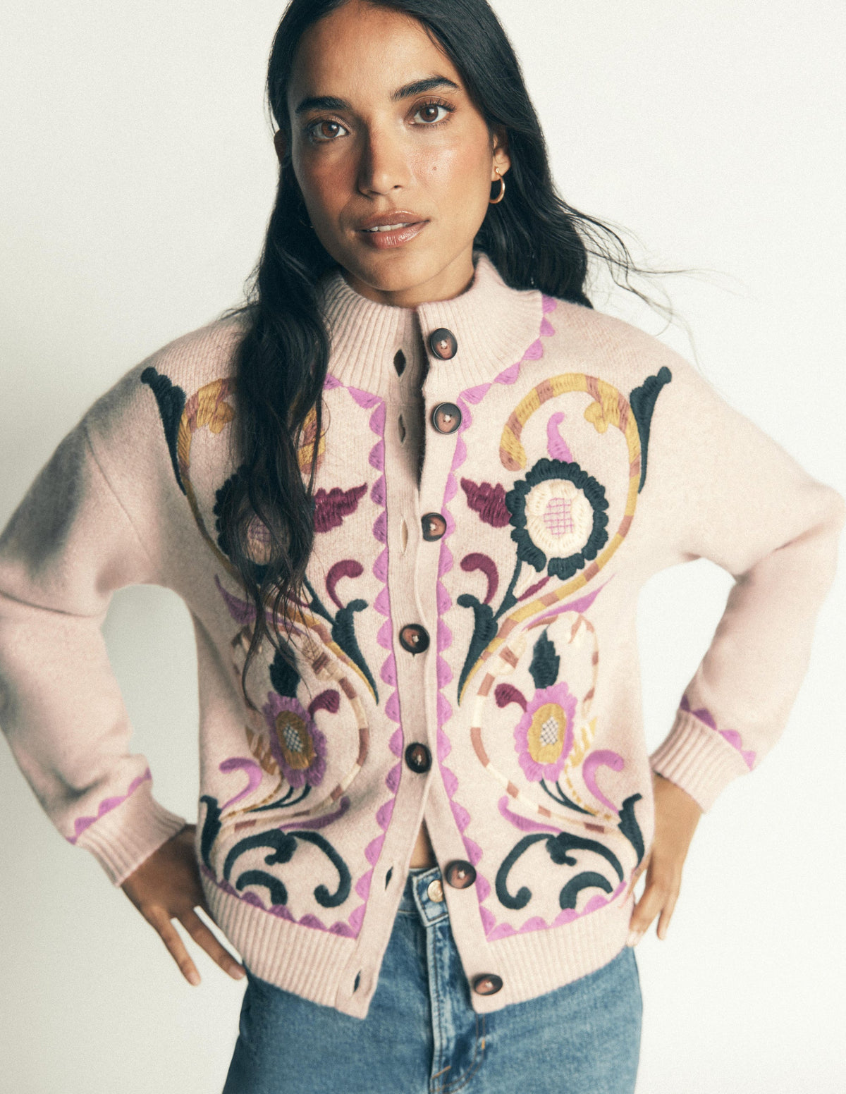Jemma Jacquard Knit Cardigan-Oatmeal Melange, Embroidery-6