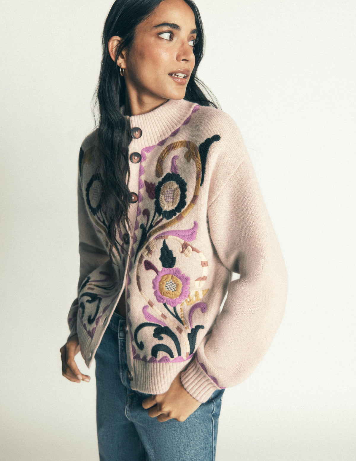 Jemma Jacquard Knit Cardigan-Oatmeal Melange, Embroidery-7