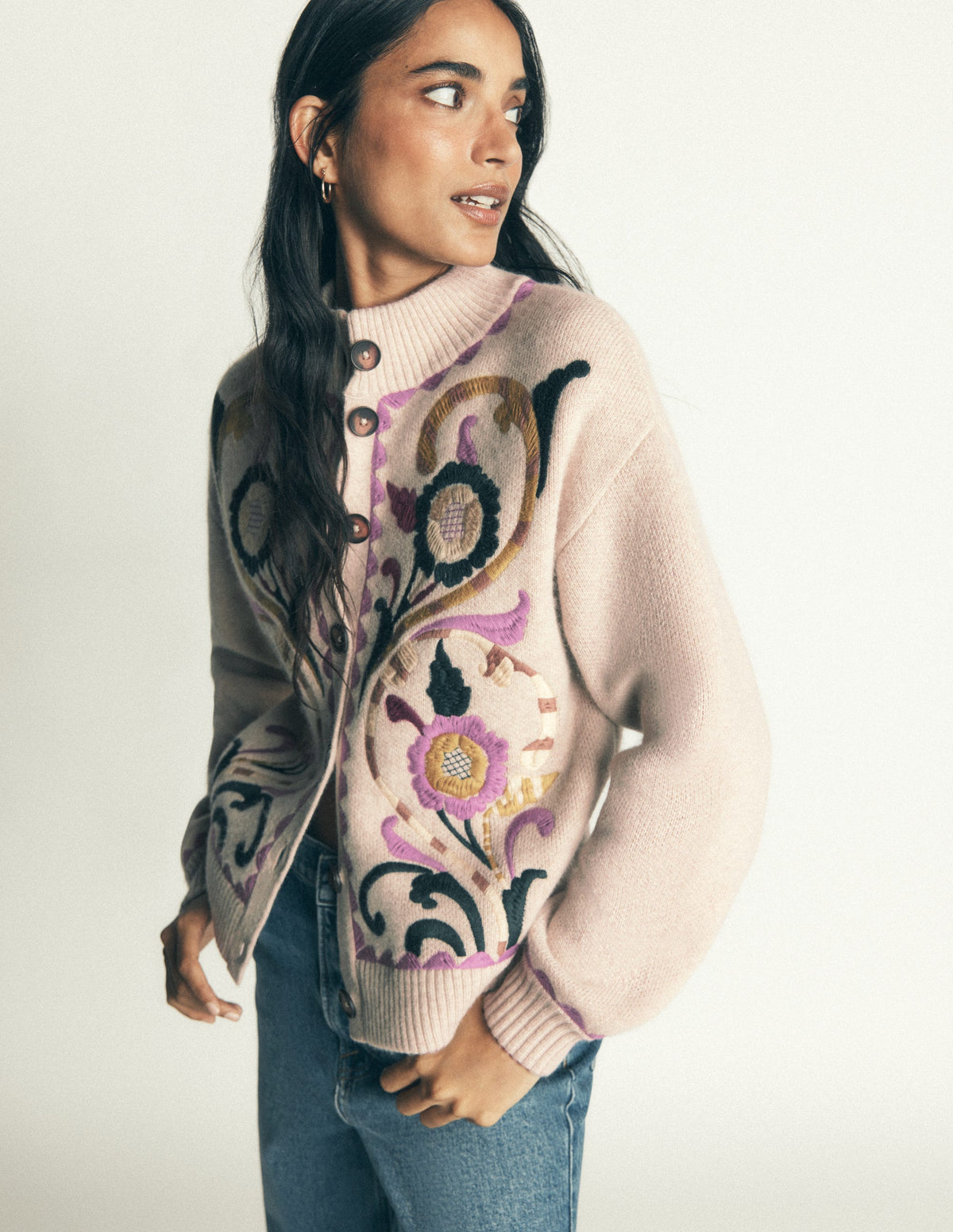 Jemma Jacquard Knit Cardigan-Oatmeal Melange, Embroidery-7