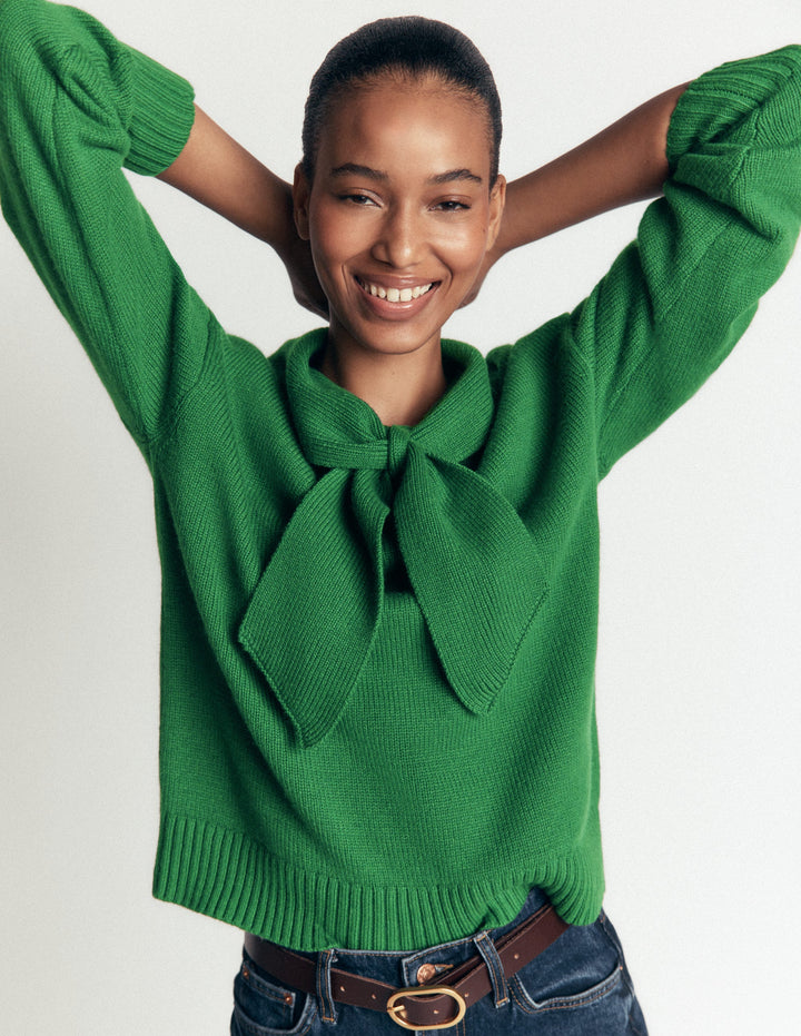 Lydia Tie Neck Knitted Jumper-Hunter Green Melange
