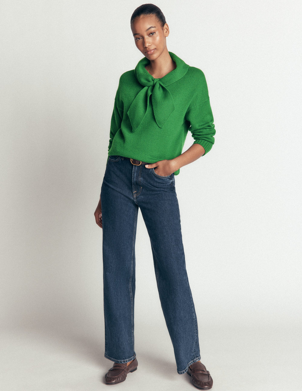 Lydia Tie Neck Knitted Jumper-Hunter Green Melange-4
