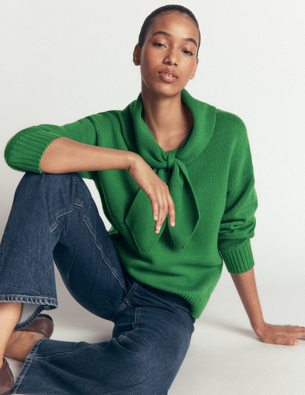 Lydia Tie Neck Knitted Jumper-Hunter Green Melange-5