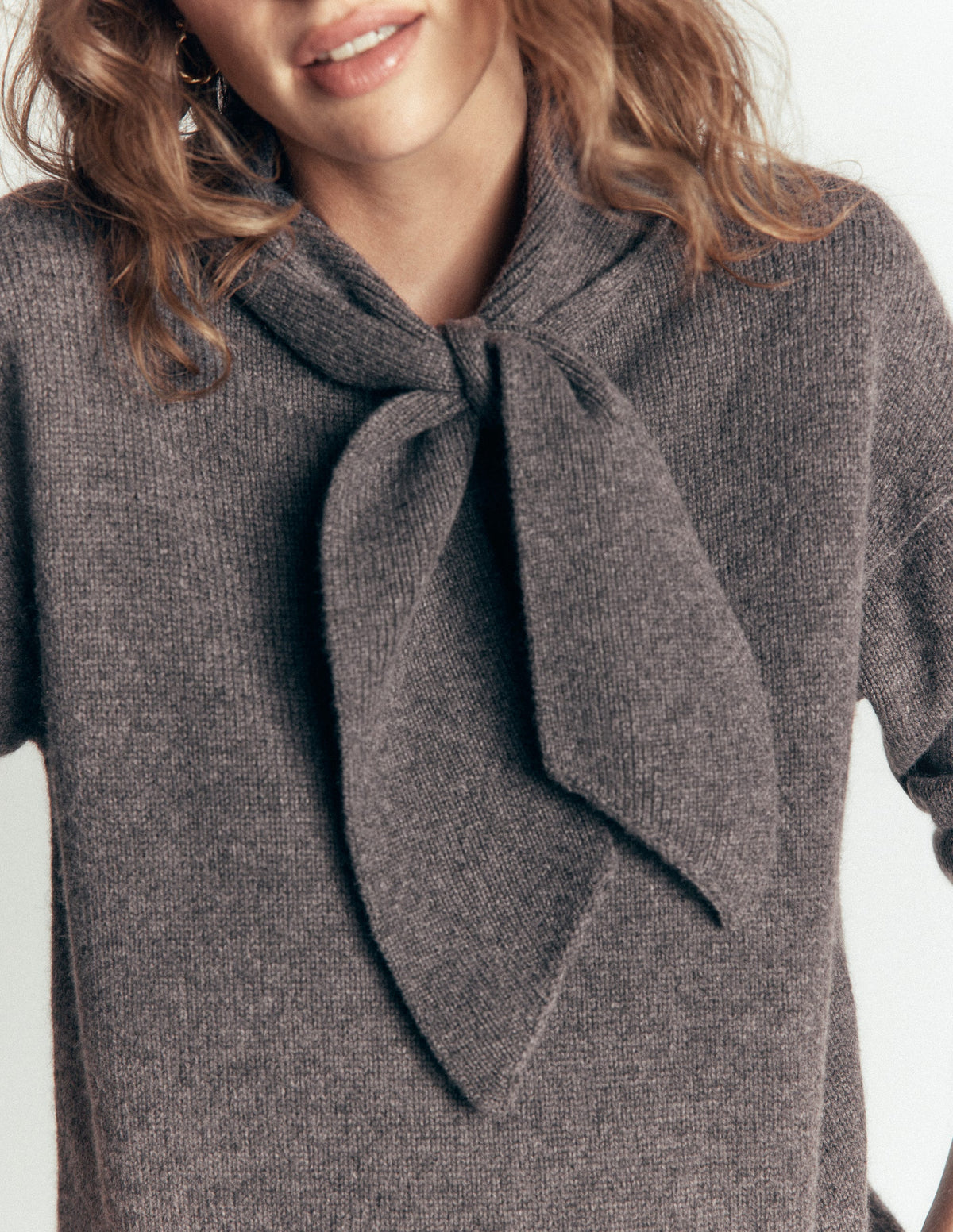 Lydia Tie Neck Knitted Jumper-Charcoal Melange - Image 2