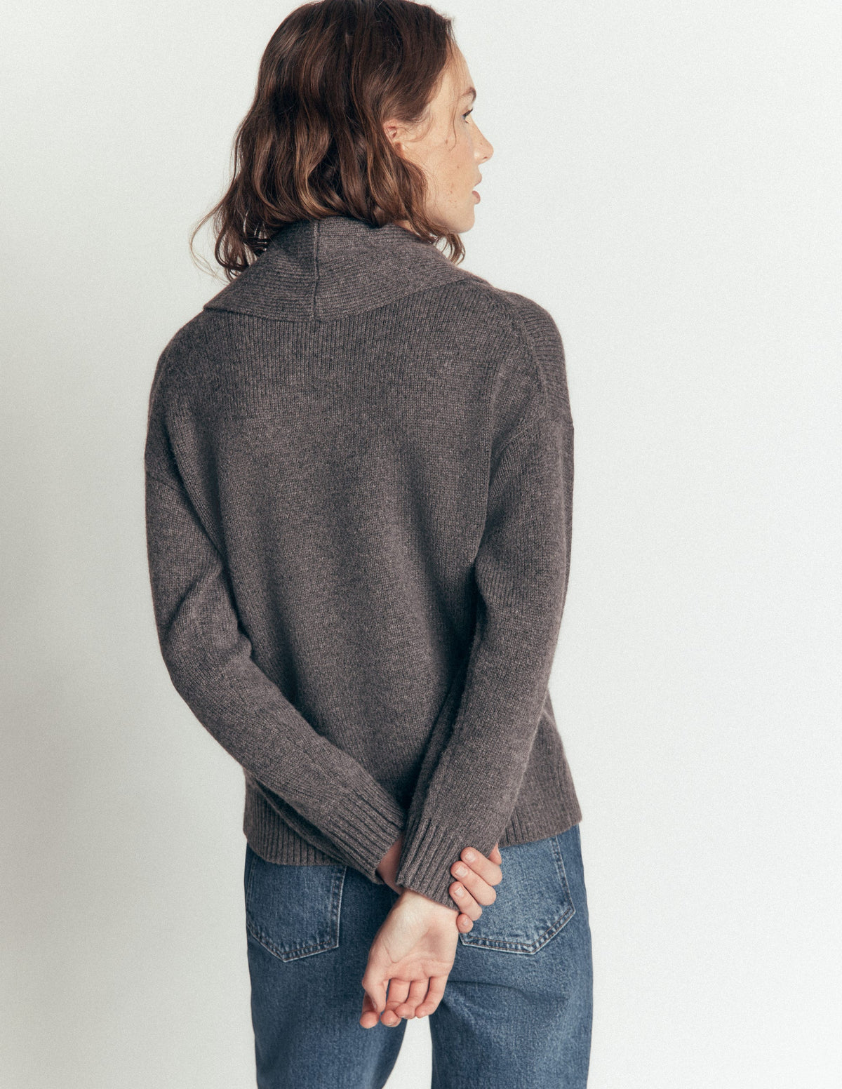 Lydia Tie Neck Knitted Jumper-Charcoal Melange - Image 3