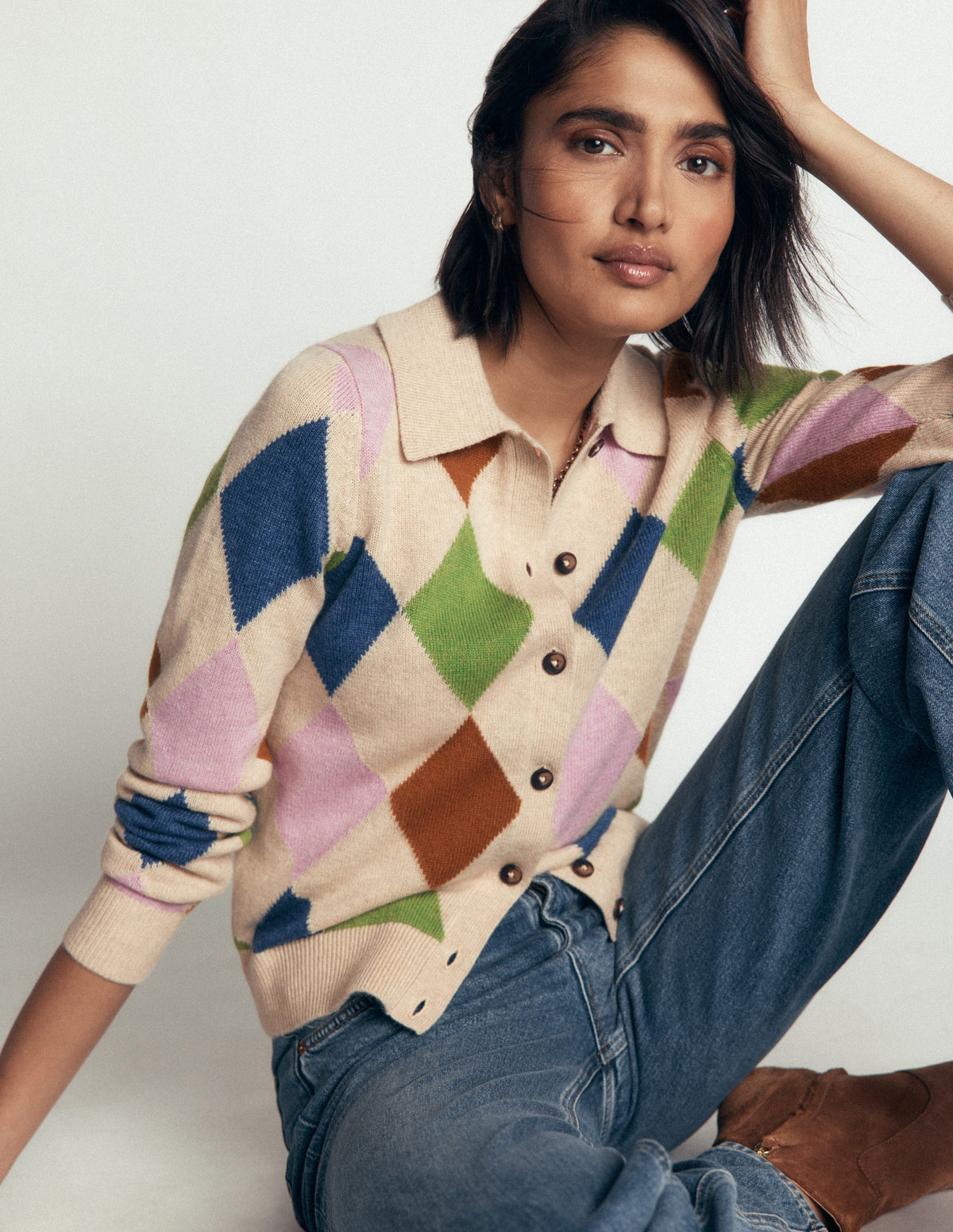 Ariadne Wool Blend Cardigan-Oatmeal Melange, Multi Argyle-1