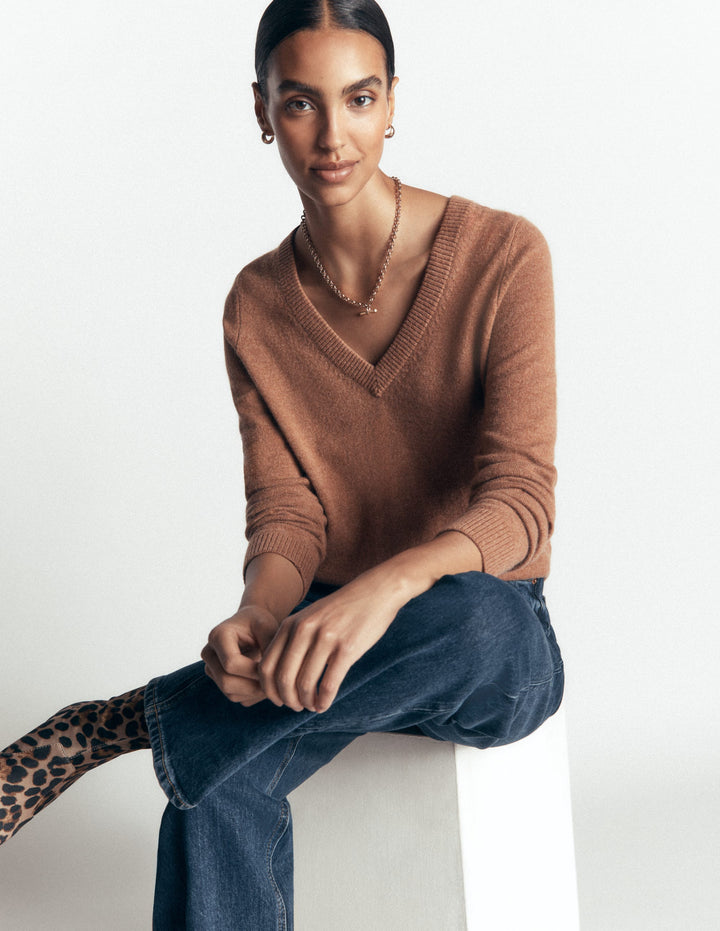 Elsie Cashmere V Neck Jumper-Warm Ginger
