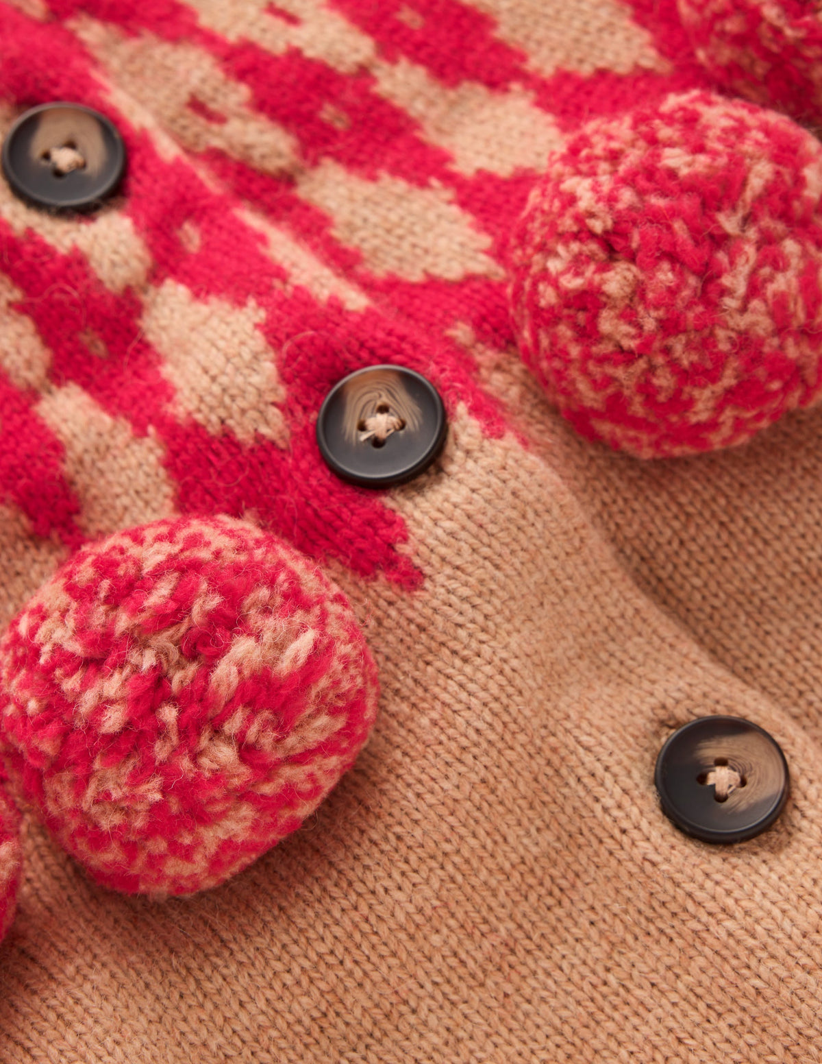 Mae Fair Isle Cardigan-Camel, Red pom pom-7