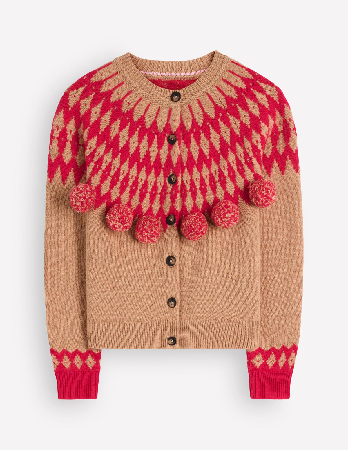 Mae Fair Isle Cardigan-Camel, Red pom pom - Image 6