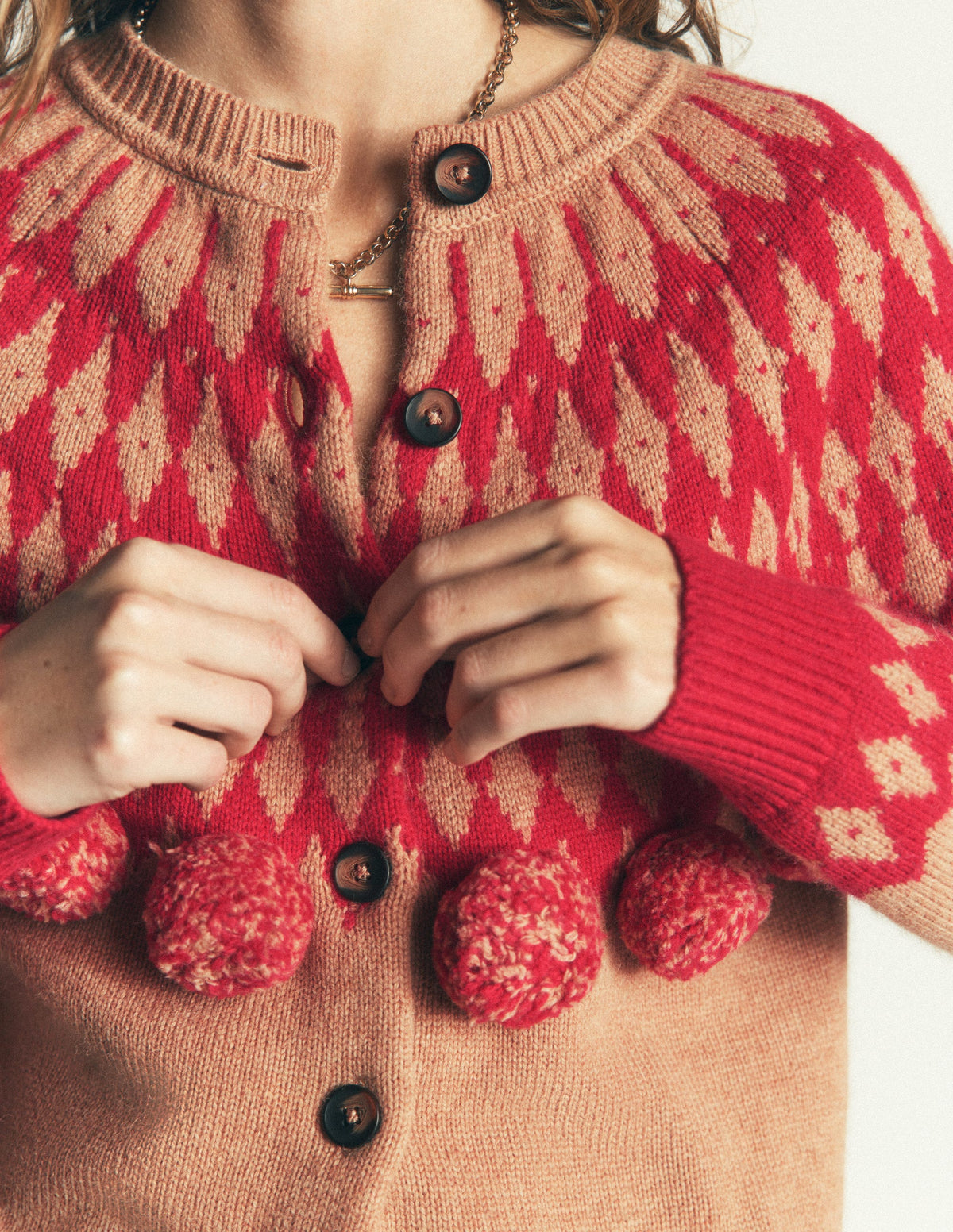 Mae Fair Isle Cardigan-Camel, Red pom pom-2
