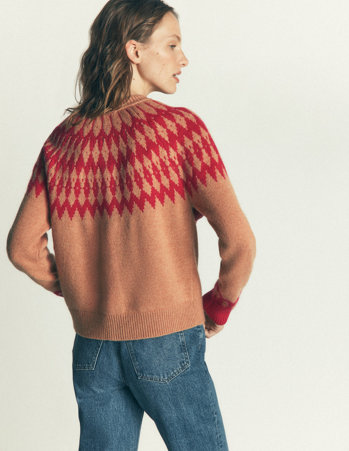 Mae Fair Isle Cardigan-Camel, Red pom pom-3