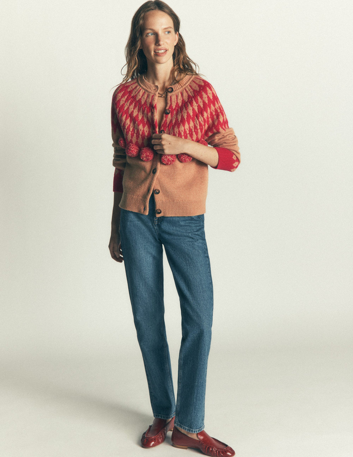 Mae Fair Isle Cardigan-Camel, Red pom pom - Image 4