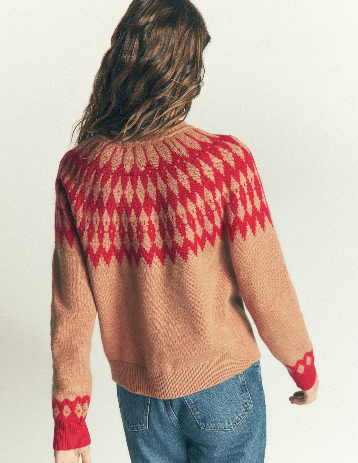 Mae Fair Isle Cardigan-Camel, Red pom pom-5