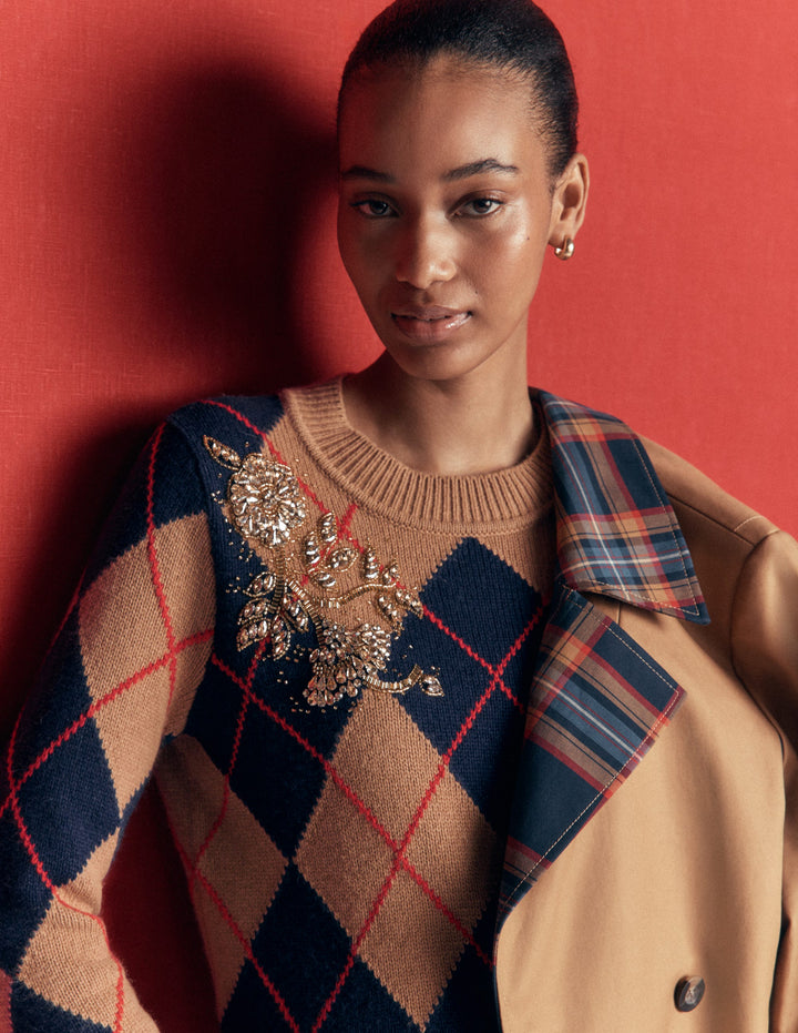 Embellished Jacquard Jumper-Camel Melange Argyle