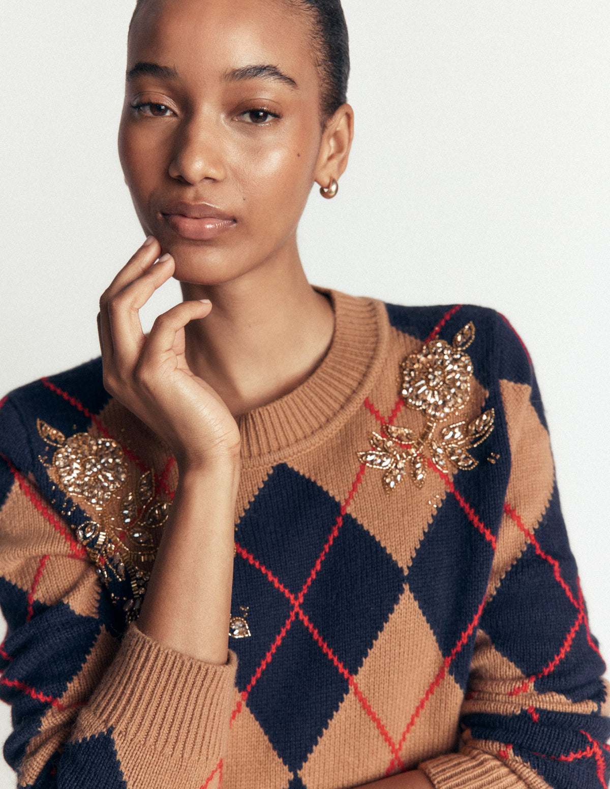 Embellished Jacquard Jumper-Camel Melange Argyle - Image 2