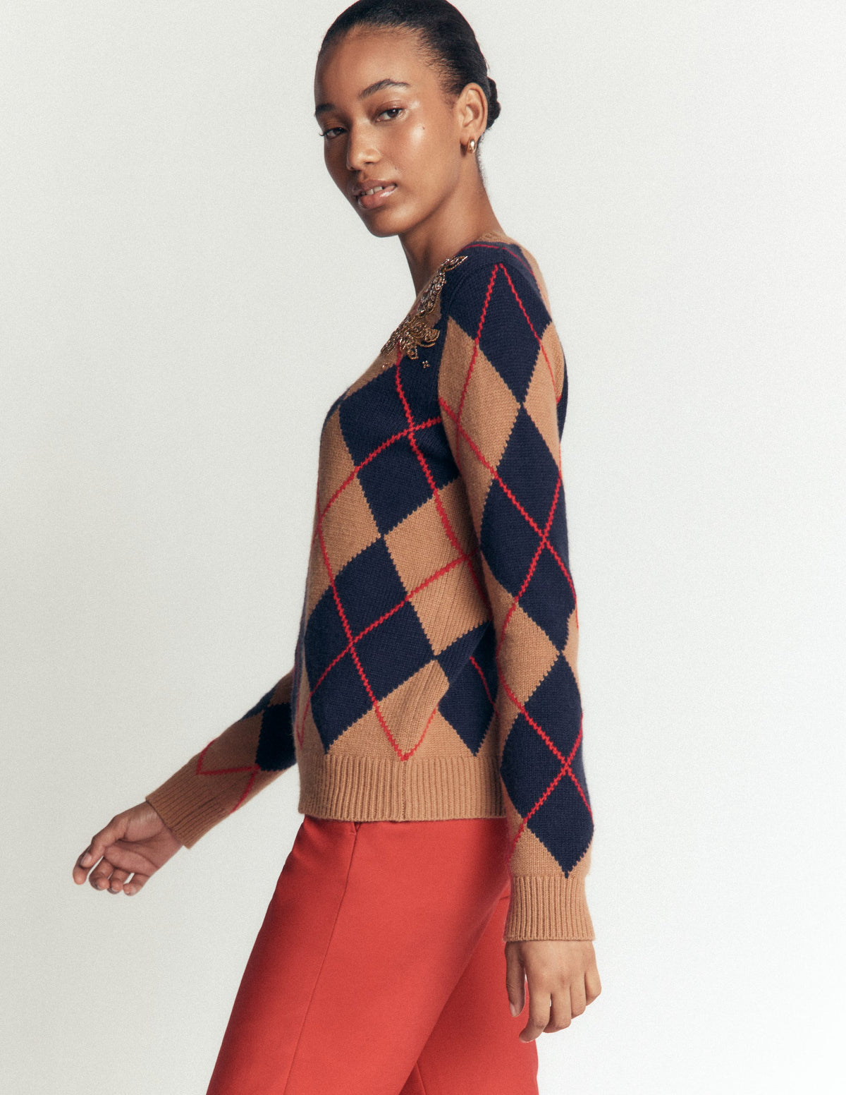 Embellished Jacquard Jumper-Camel Melange Argyle-4