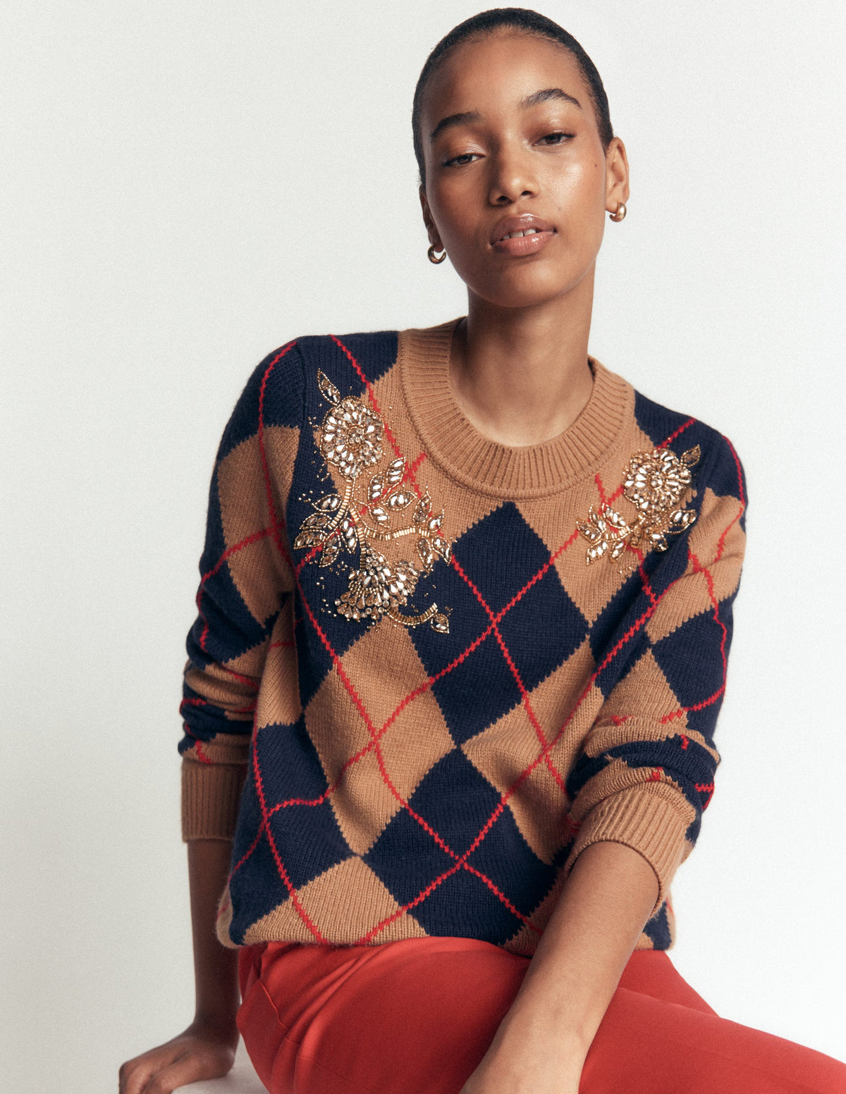 Embellished Jacquard Jumper-Camel Melange Argyle - Image 5