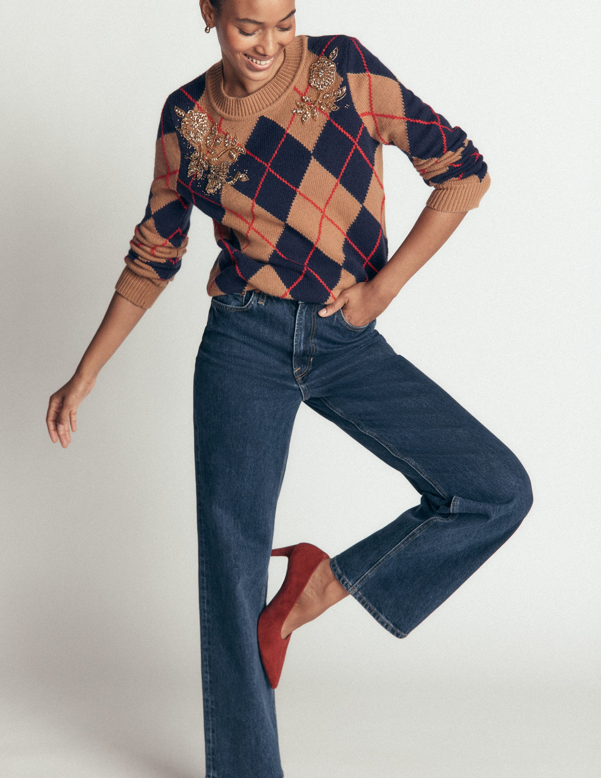 Embellished Jacquard Jumper-Camel Melange Argyle-6