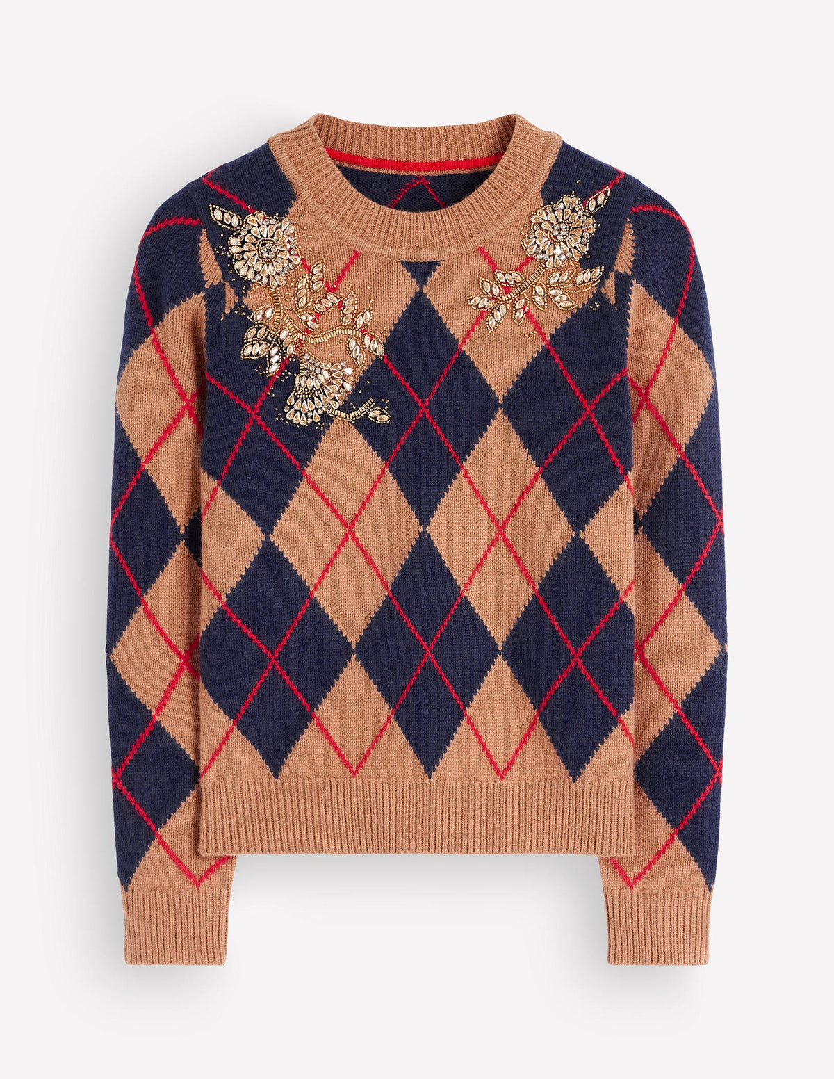 Embellished Jacquard Jumper-Camel Melange Argyle - Image 8