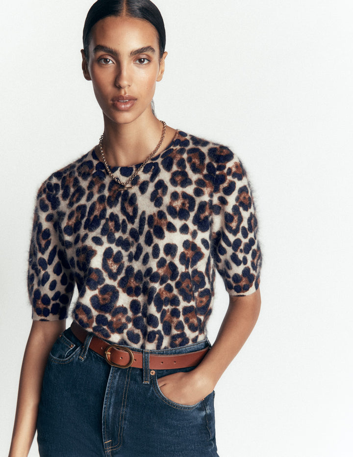 Kat Brushed Cashmere T-shirt-Camel, Leopard
