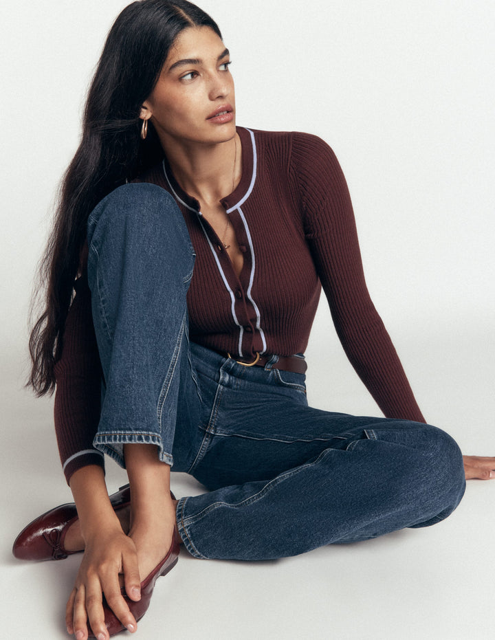 Paula Ribbed Crew Cardigan-Bitter Chocolate