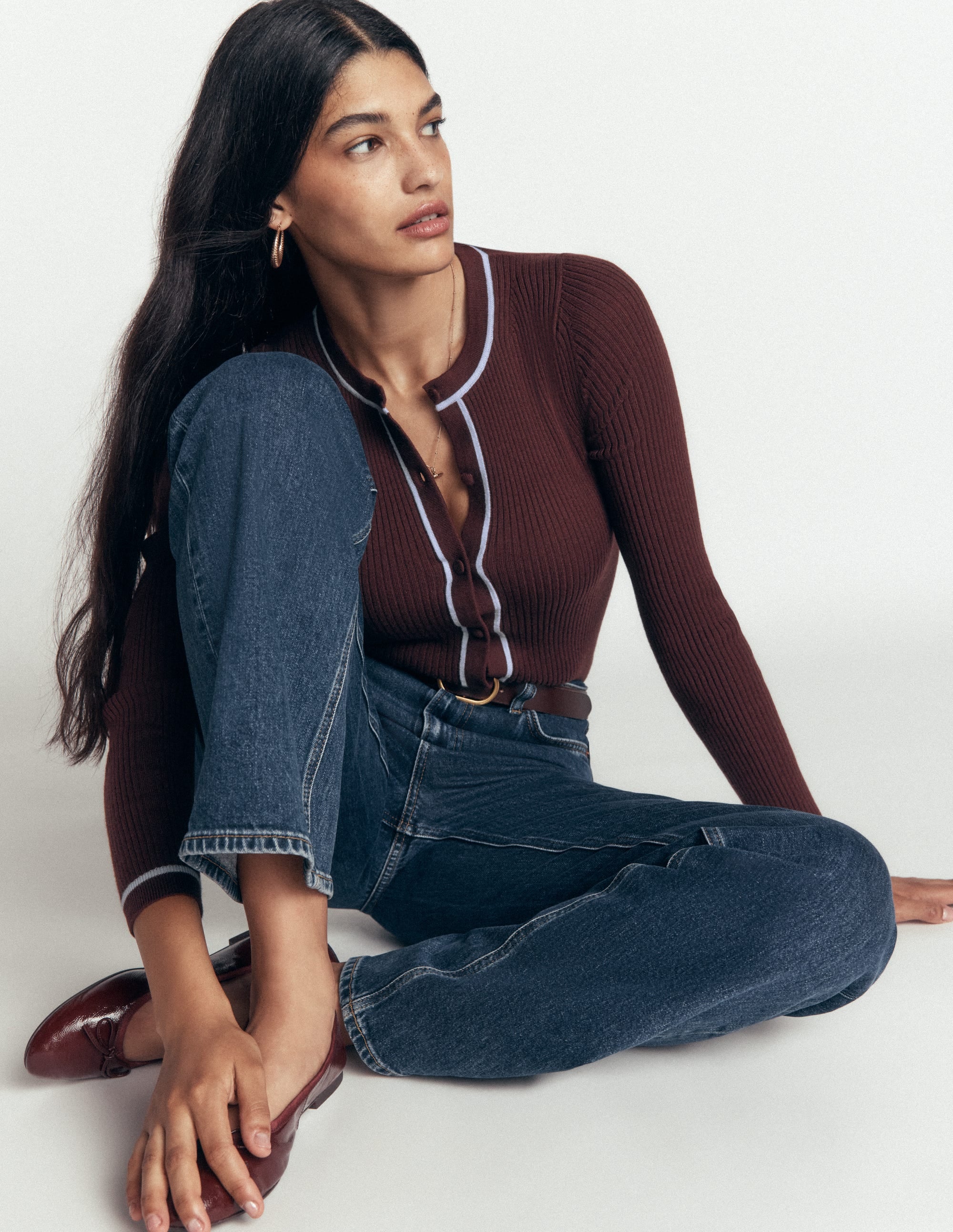 Paula Ribbed Crew Cardigan-Bitter Chocolate - Image 1
