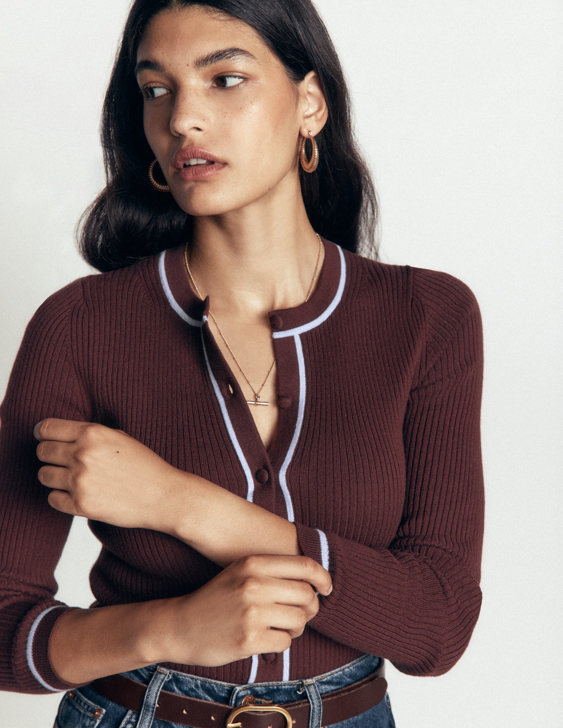 Paula Ribbed Crew Cardigan-Bitter Chocolate-2